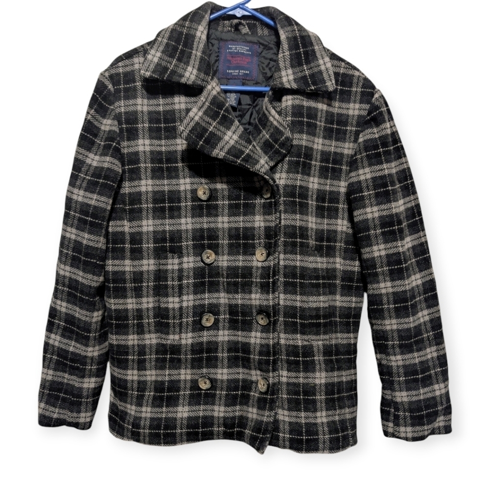 Y2K American Eagle Gray Plaid Wool Blend Double Breasted Peacoat Women's Small